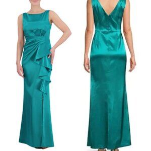 Eliza J Ruffle Satin Mermaid Maxi Gown Women's 14 Jade Green Formal Slit NWT